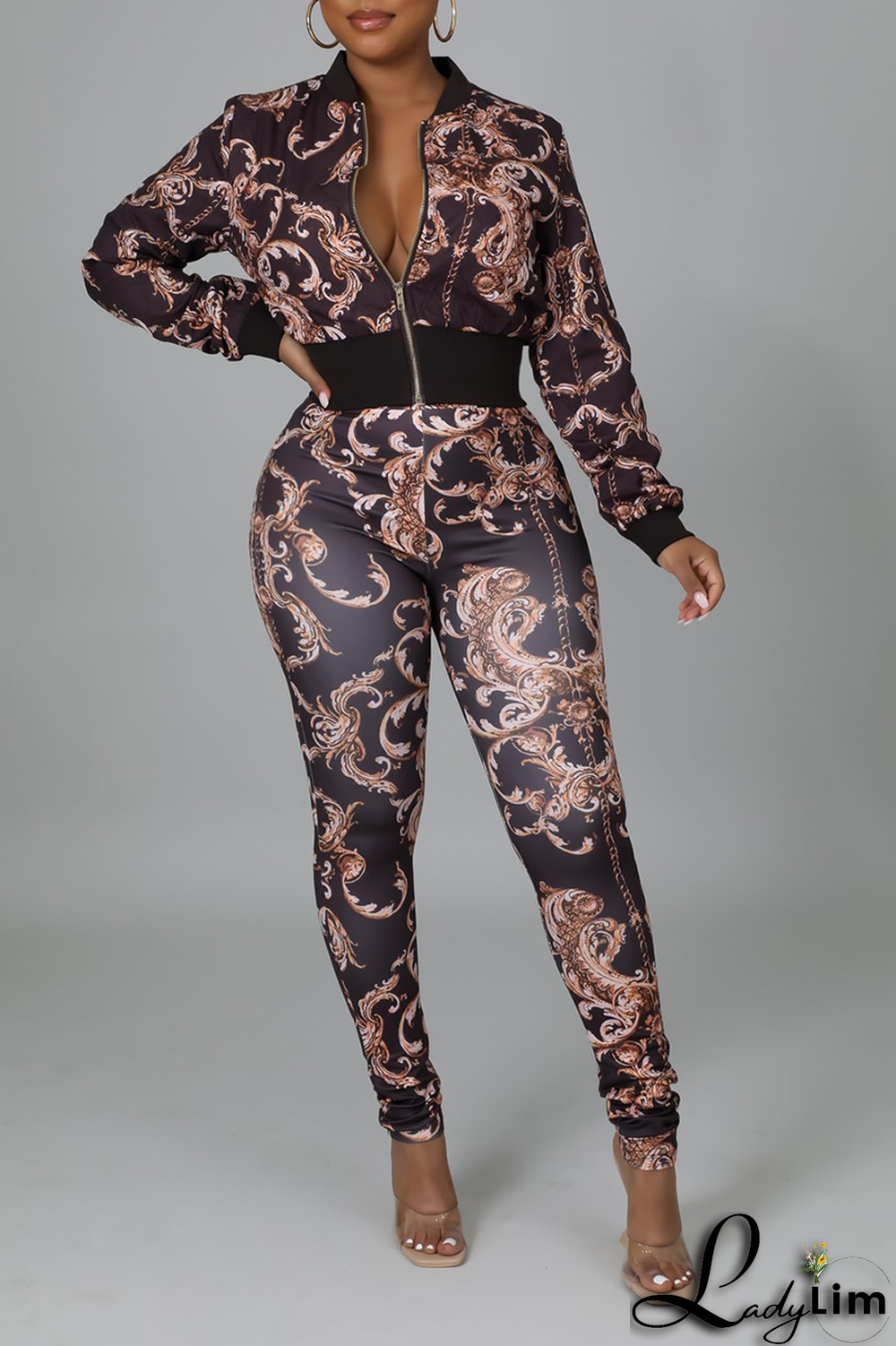 Brown Sexy Print Split Joint Zipper Collar Long Sleeve Two Pieces