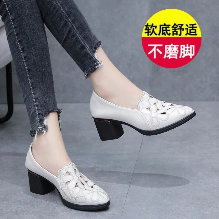 Wongn Wongn Shoes Women's Soft Leather 2023 New Hollow Out Breathable Embroidery Four Seasons Women's Mother Shoes Thick Heel Soft Sole Work Shoes