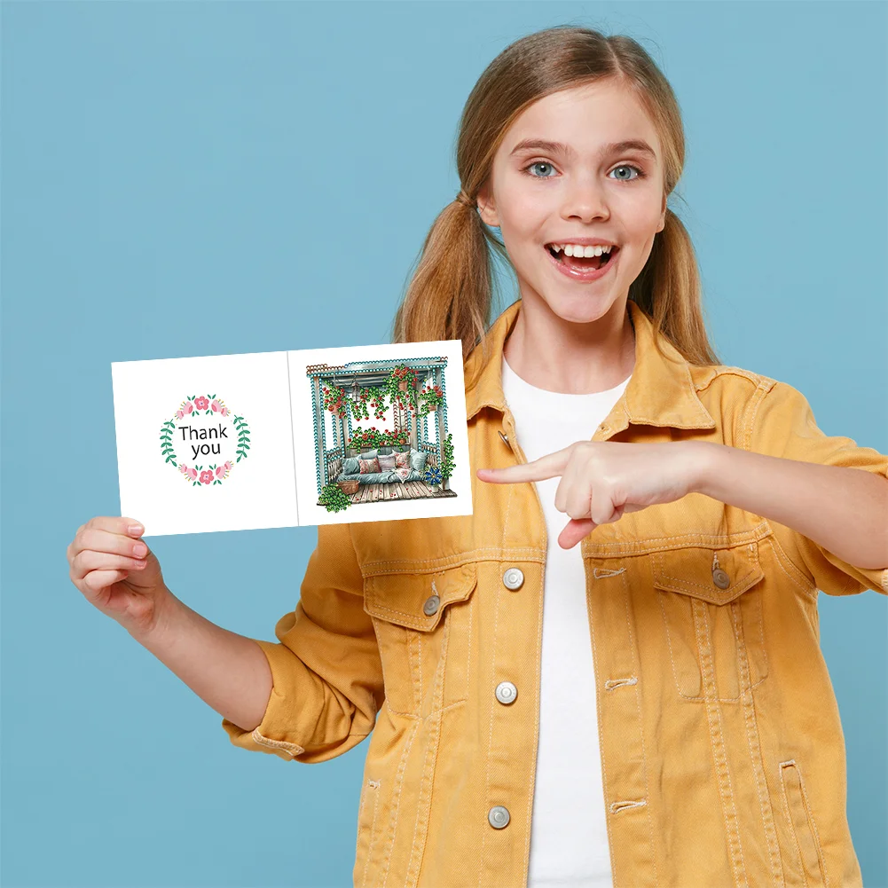 6Pcs DIY Flower Pavilion Special Shape Diamond Handmade Card for Friends Gift【With White Envelope】