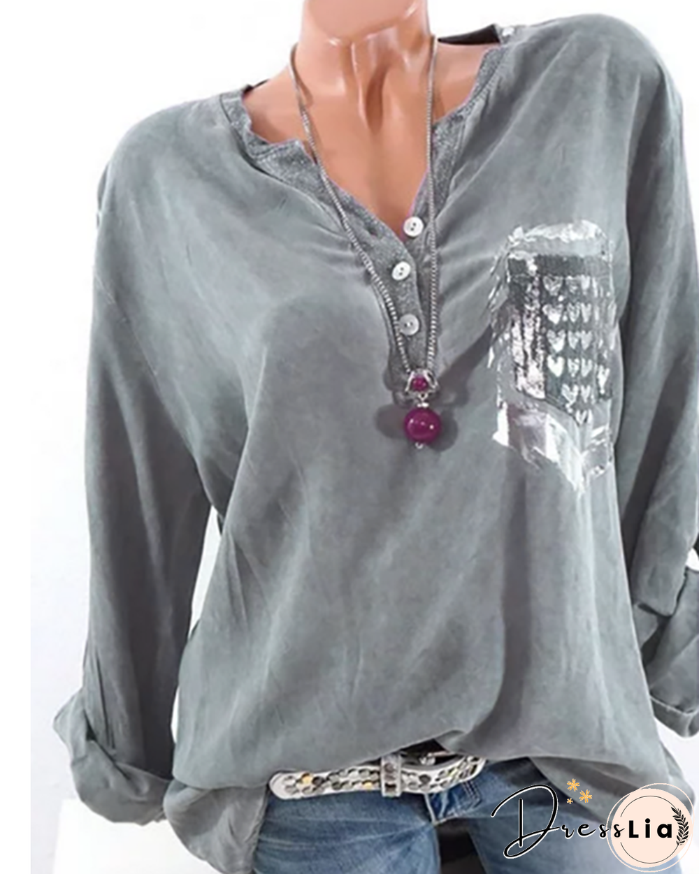 3/4 Sleeve Crew Neck Buttoned Paneled Blouse