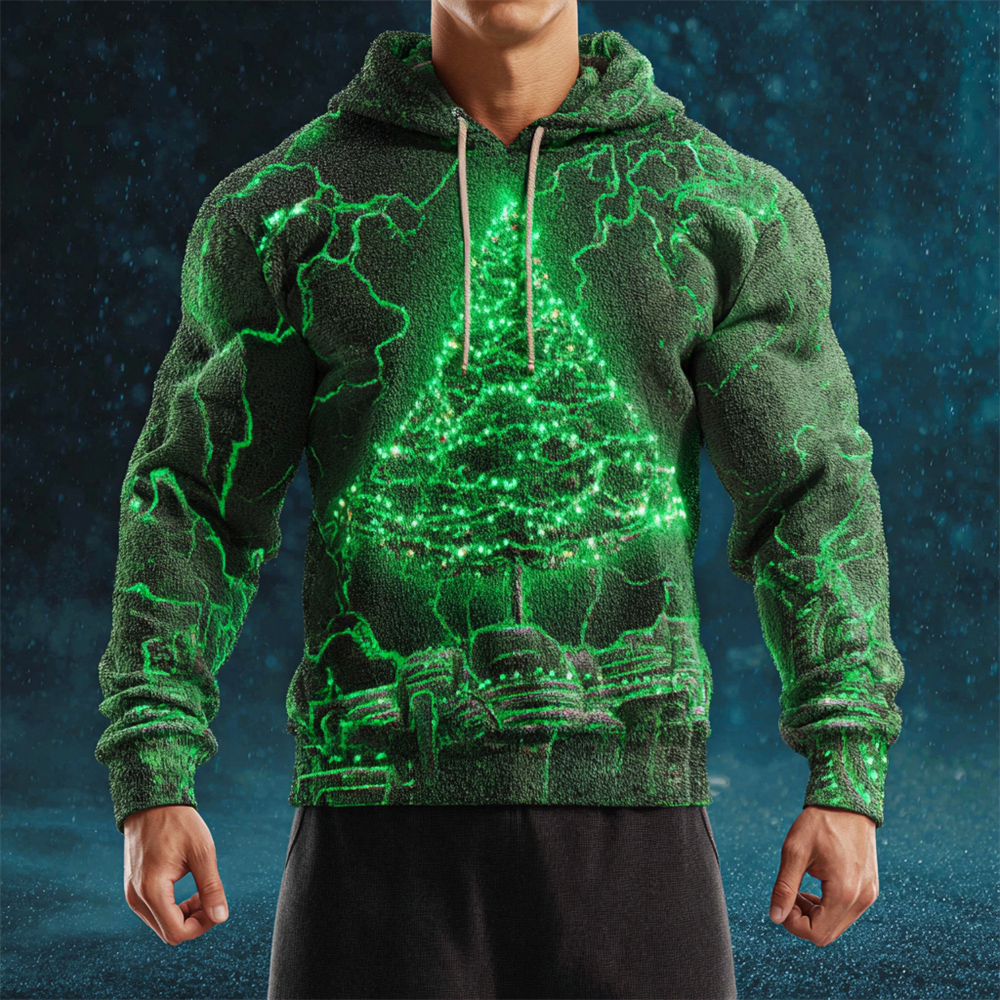 Radiant Christmas Tree Men's Flannel Hooded Sweater elevenforest