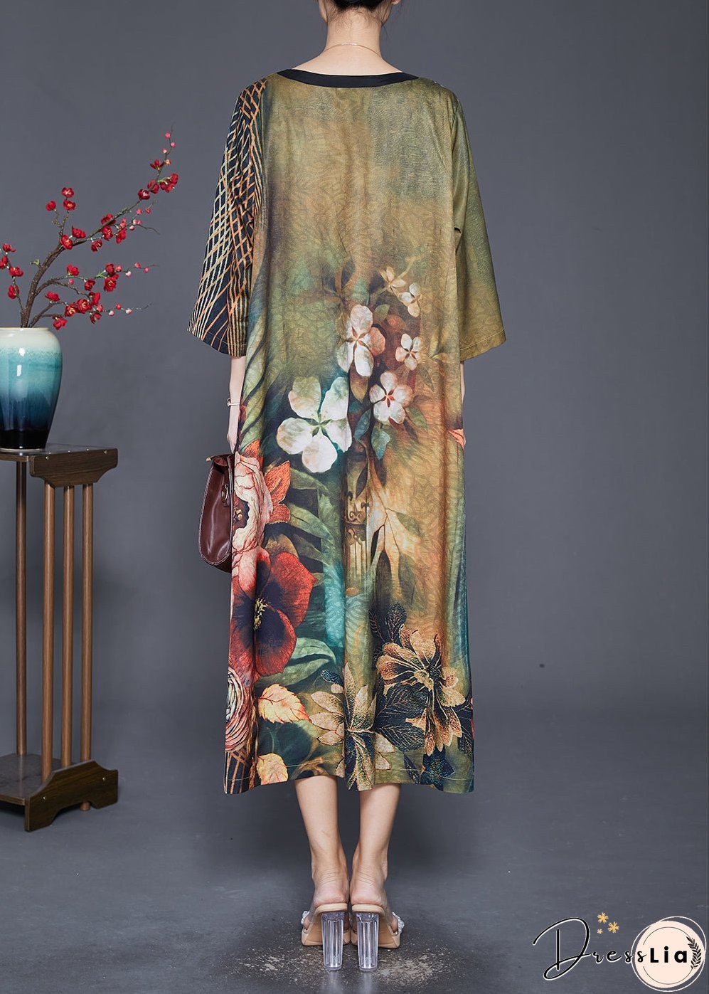 Women Green V Neck Print Silk A Line Dresses Bracelet Sleeve