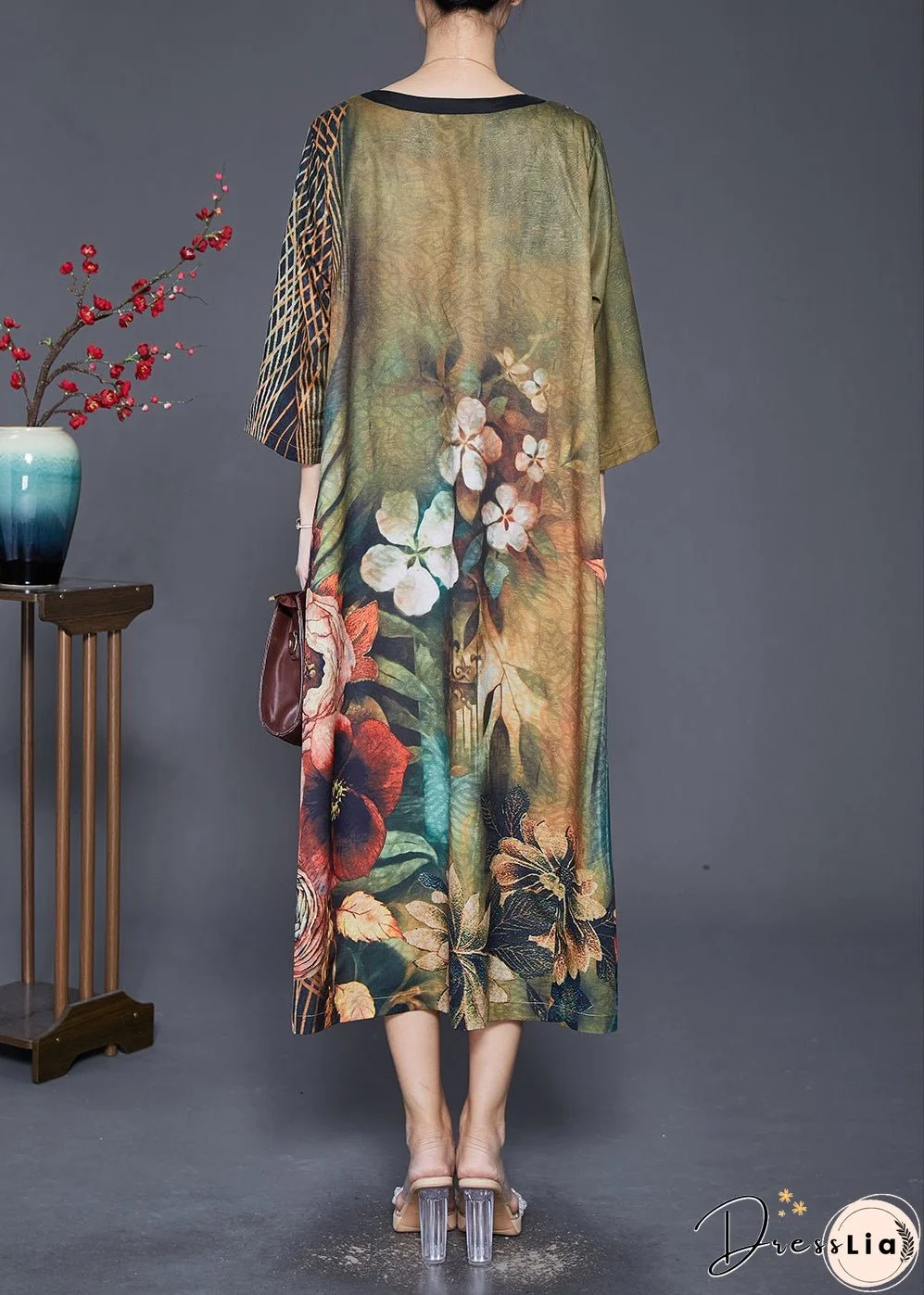 Women Green V Neck Print Silk A Line Dresses Bracelet Sleeve