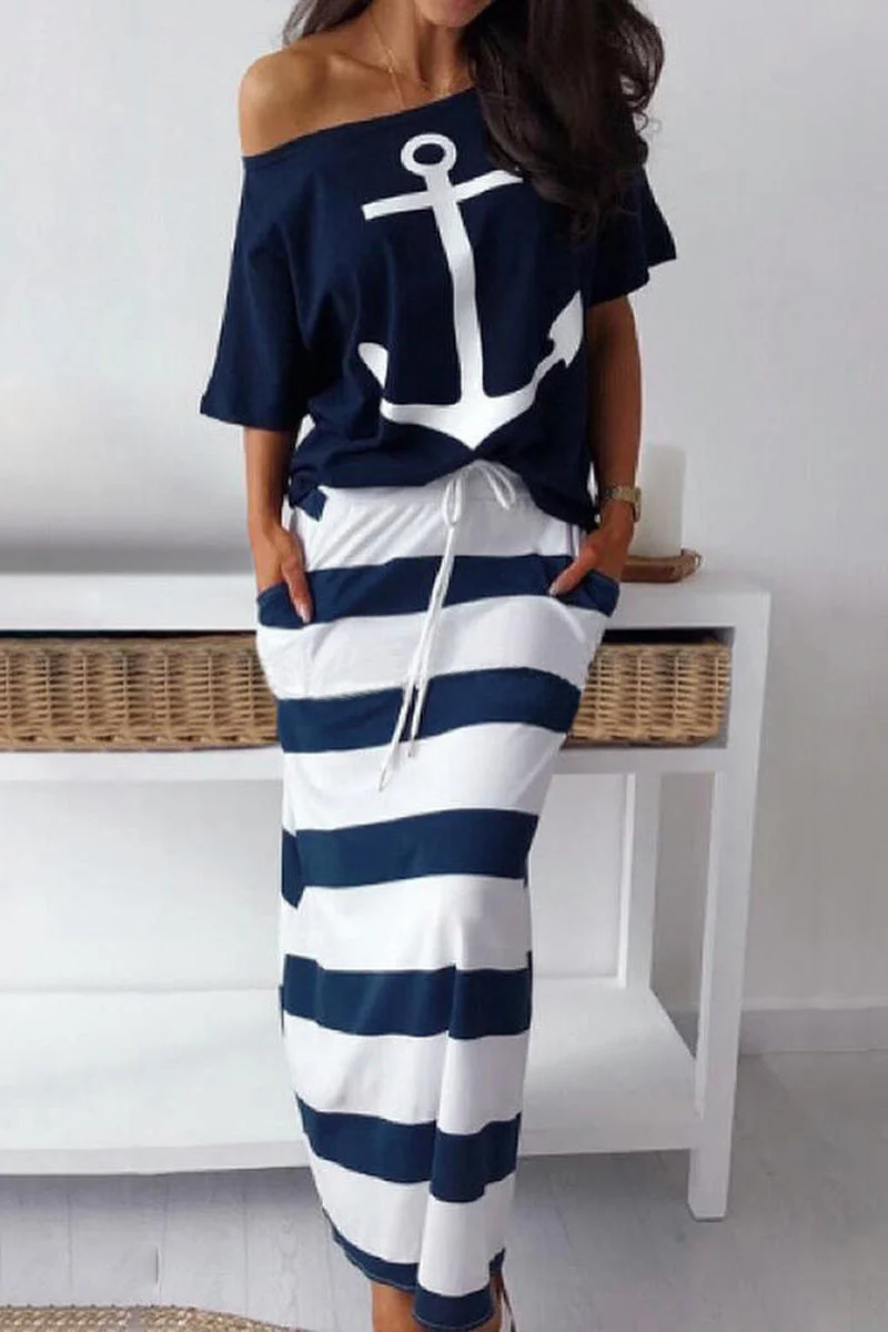 Stripe Print Drawstring Waist Two Piece Dress