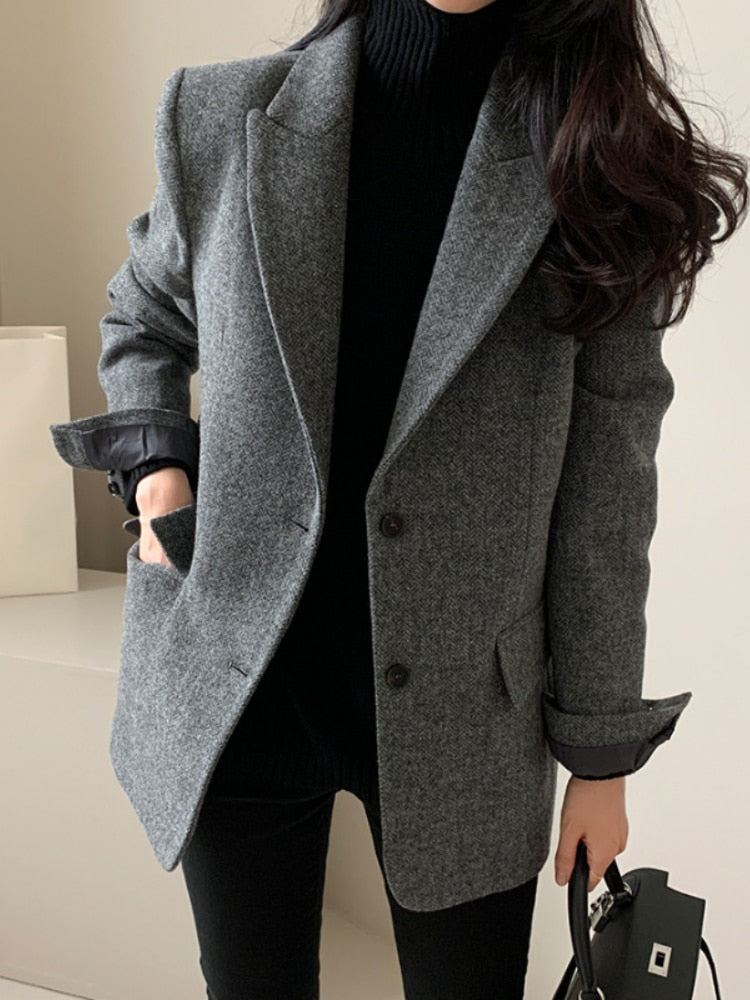 Woolen Jackets Thick and Warm Korean Fashion Heavy Jackets High-end Versatile New Autumn and Winter Black Tweed Suit Women Coat LANFUBEISI