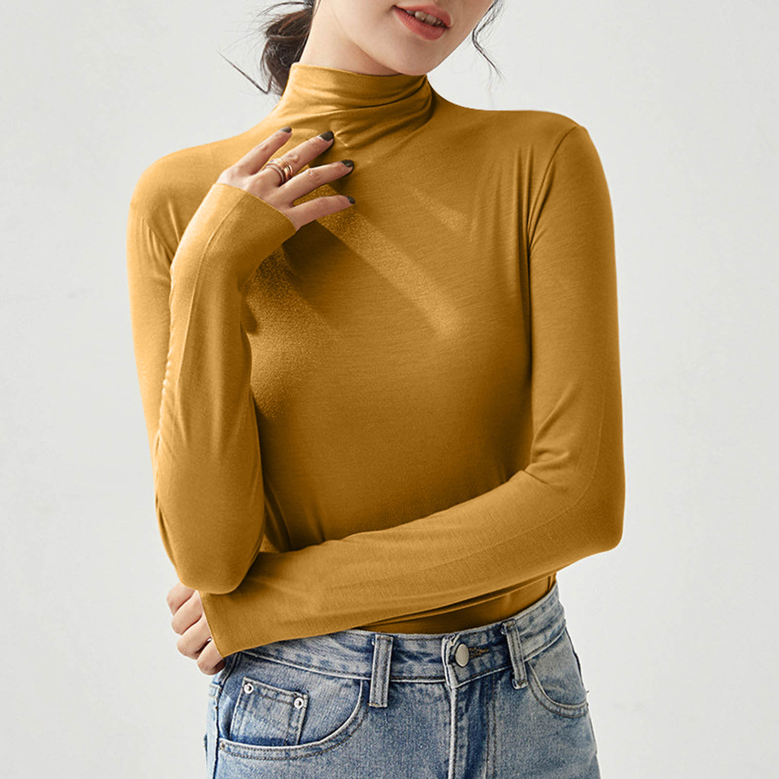 Women Autumn Slim Fit T-shirts New Half Turtleneck Elastic Versatile Basic Shirt Soft Tight Elegant Temperament Show Thin Tops