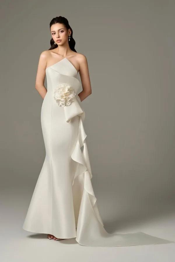 Miabel Elegant Satin Strapless Floral Sleeveless Mermaid Prom Dress with Train 