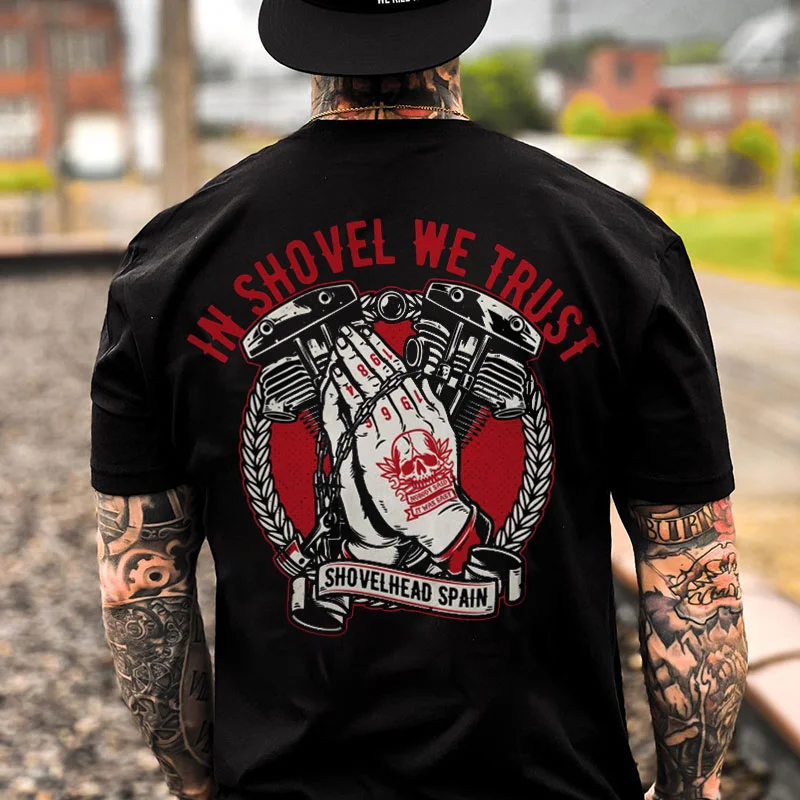 IN SHOVEL WE TRUST Praying Gesture&Engine Print Men's T-shirt