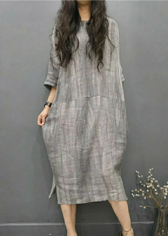 Beautiful Grey O-Neck Wrinkled Side Open Linen Long Dress Batwing Sleeve