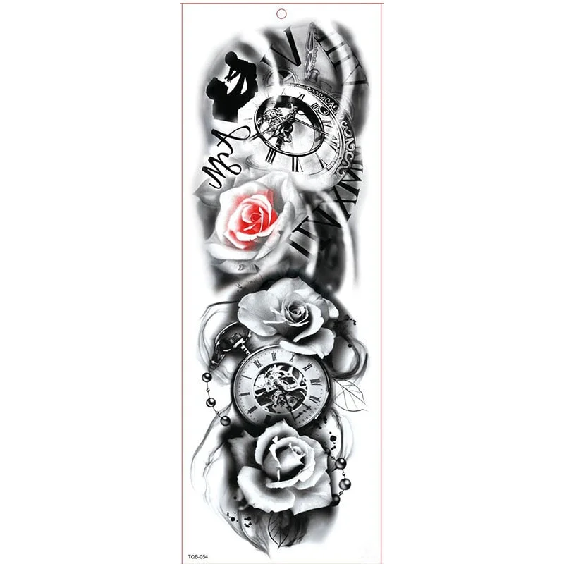Large Arm Sleeve Tattoo Waterproof Temporary Tattoo Sticker Clock Rose Full Flower Tatoo Body Art Tattoo Girl
