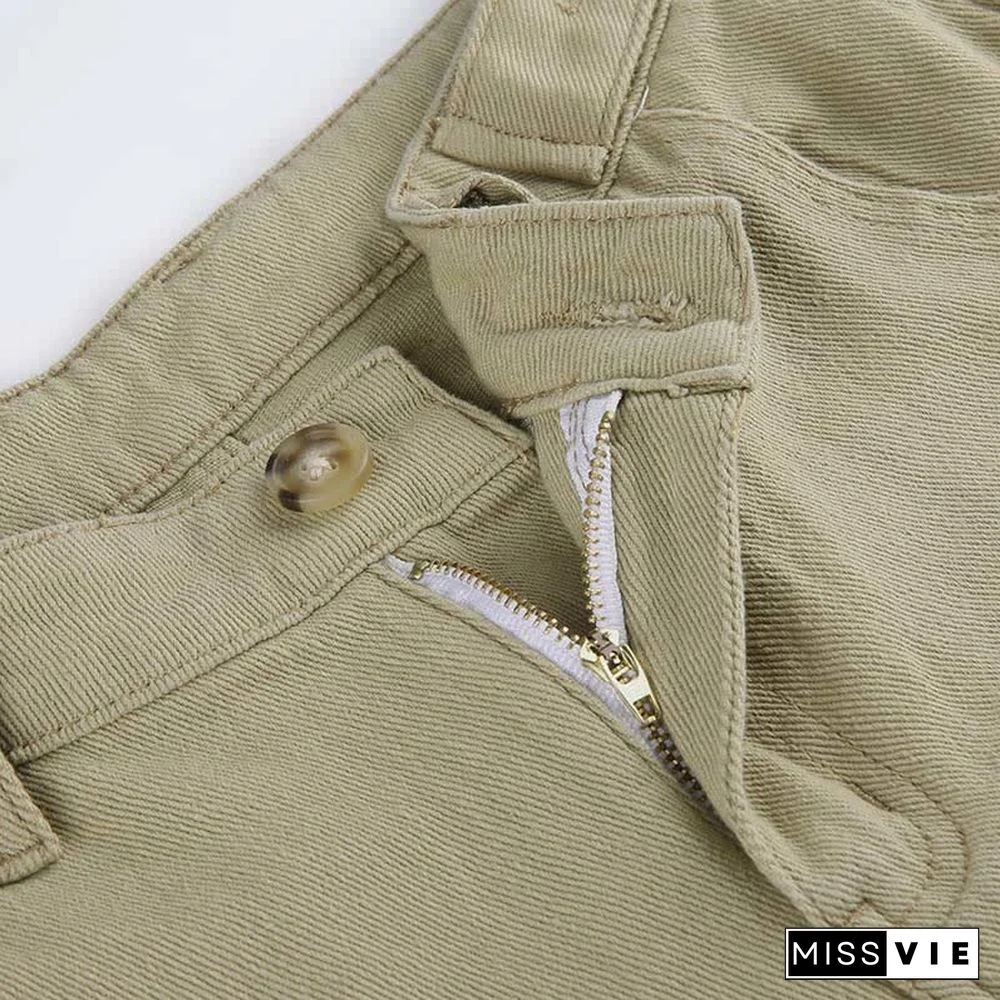 Vintage Pure Color Multi Pocket Cargo Denim Pants