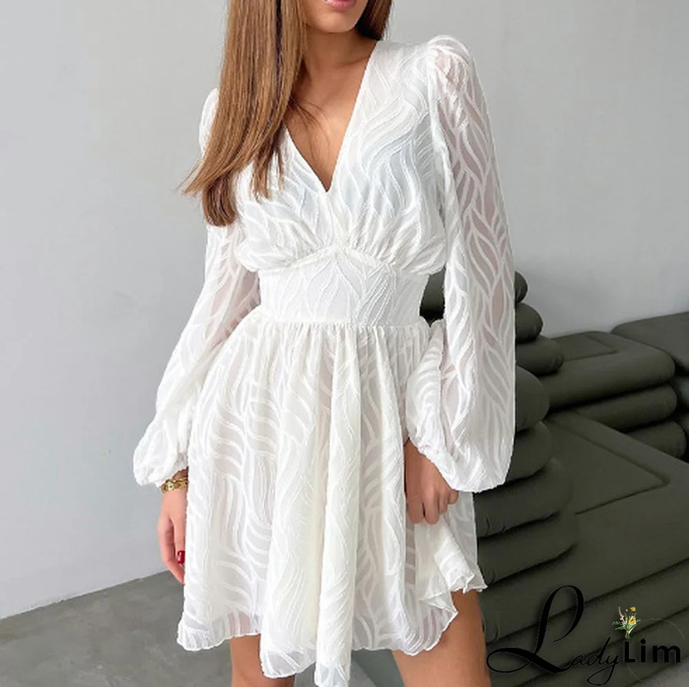 Spring and summer jacquard dress high waist a-line skirt lantern sleeve lace dress