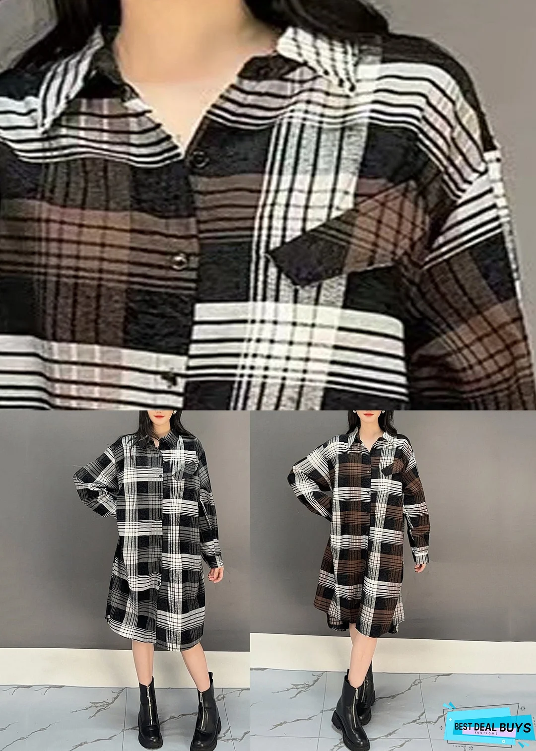 Stylish Coffee Plaid Button Cotton Shirts Dresses Fall