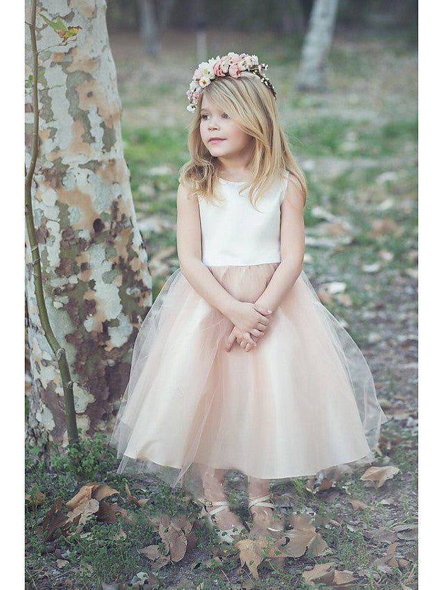 Oknass A-Line Knee Length Flower Girl Dress Satin Tulle Sleeveless Jewel Neck With Tier 