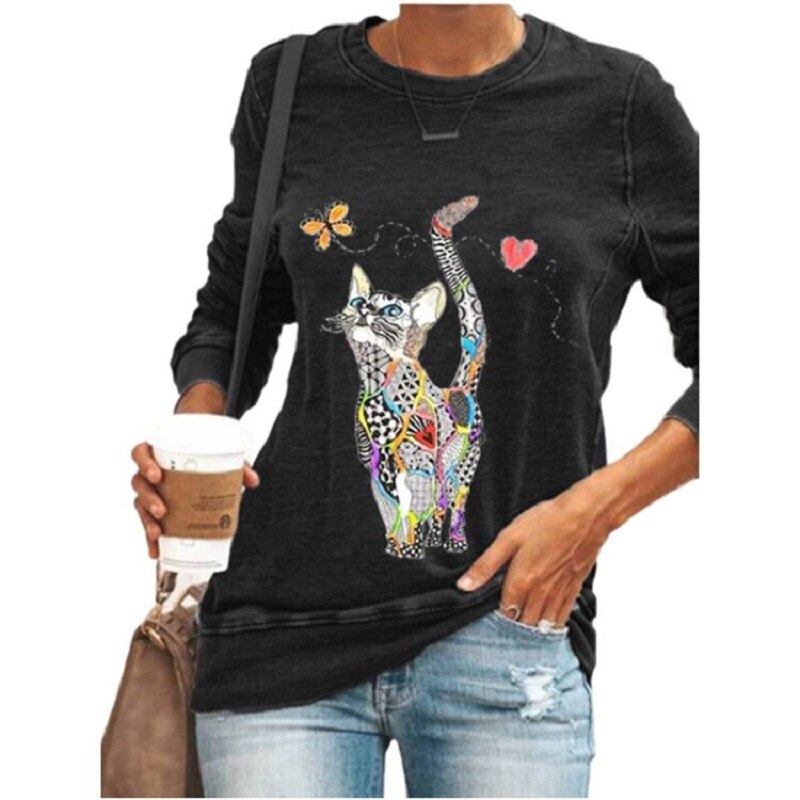 Cute Cat Print Casual Long Sleeve Autumn New Cartoon Women's Top