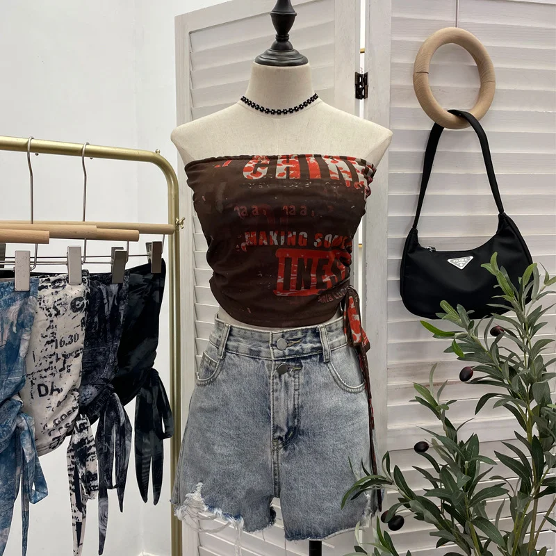 Uveng Explosion Recommended Y2k Hottie Braid Small Sling Belt With Chest Mat Tie Mesh Yarn Tidly Wrapped Bra T-Shirt 1391