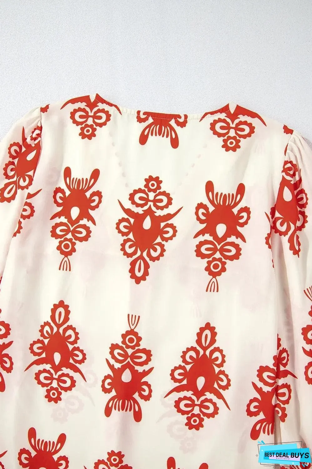 Orange Vintage Geometric Printed 3/4 Sleeve V Neck Blouse