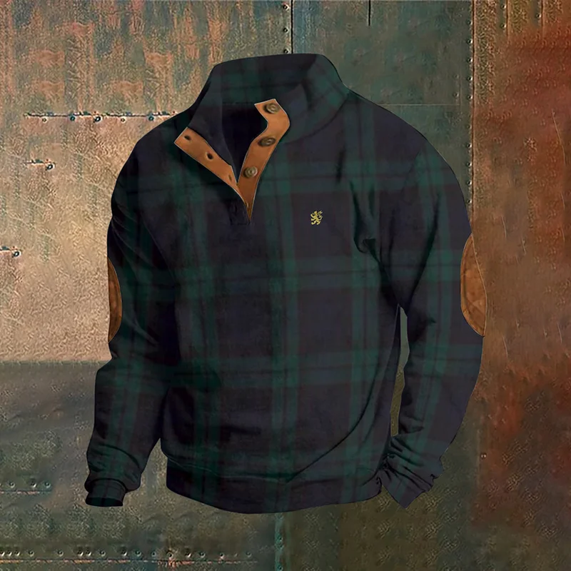 Scotland Lion Embroidered Plaid Stand Collar Button Sweatshirt