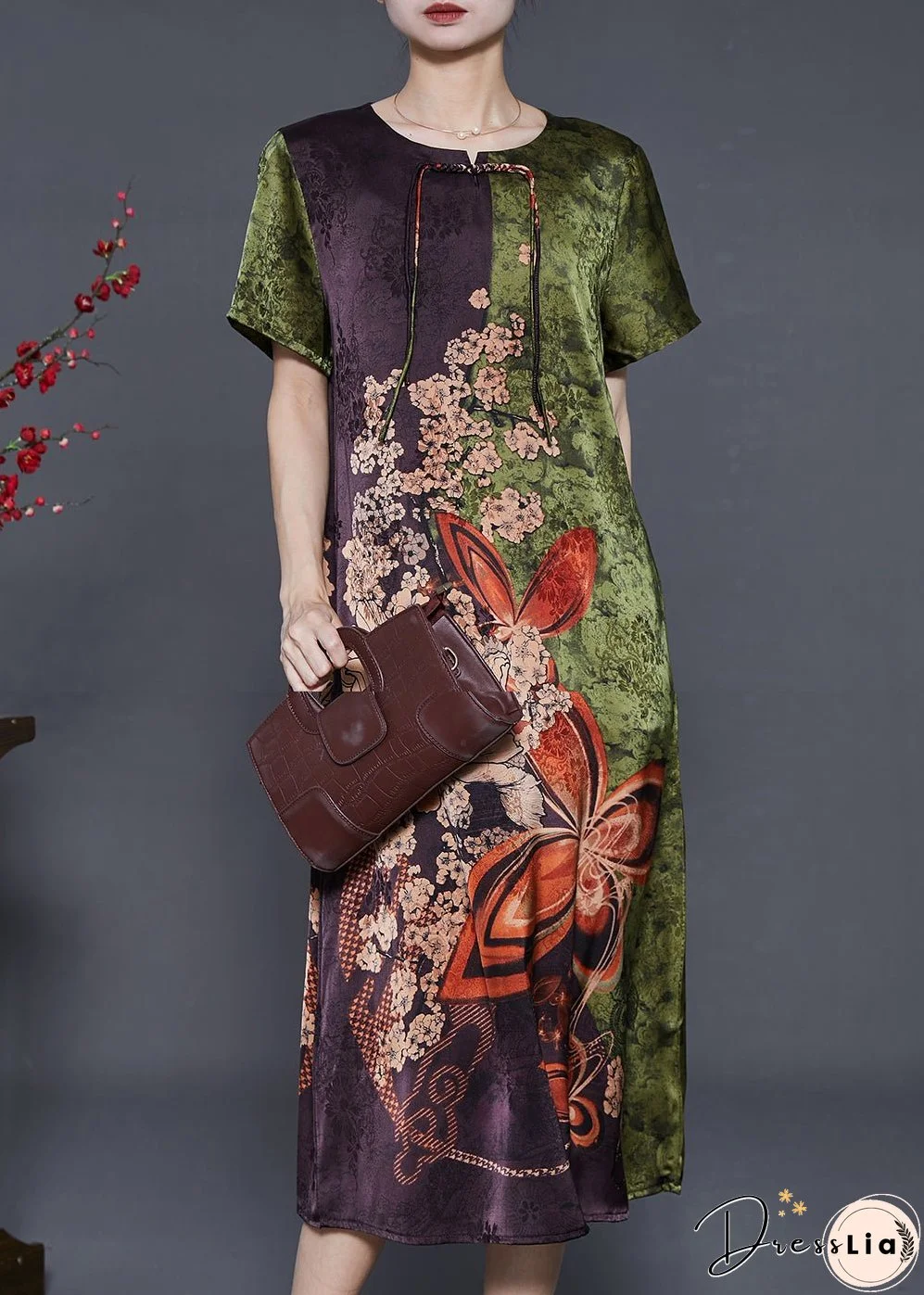 Green Print Silk Holiday Dress Chinese Button Summer