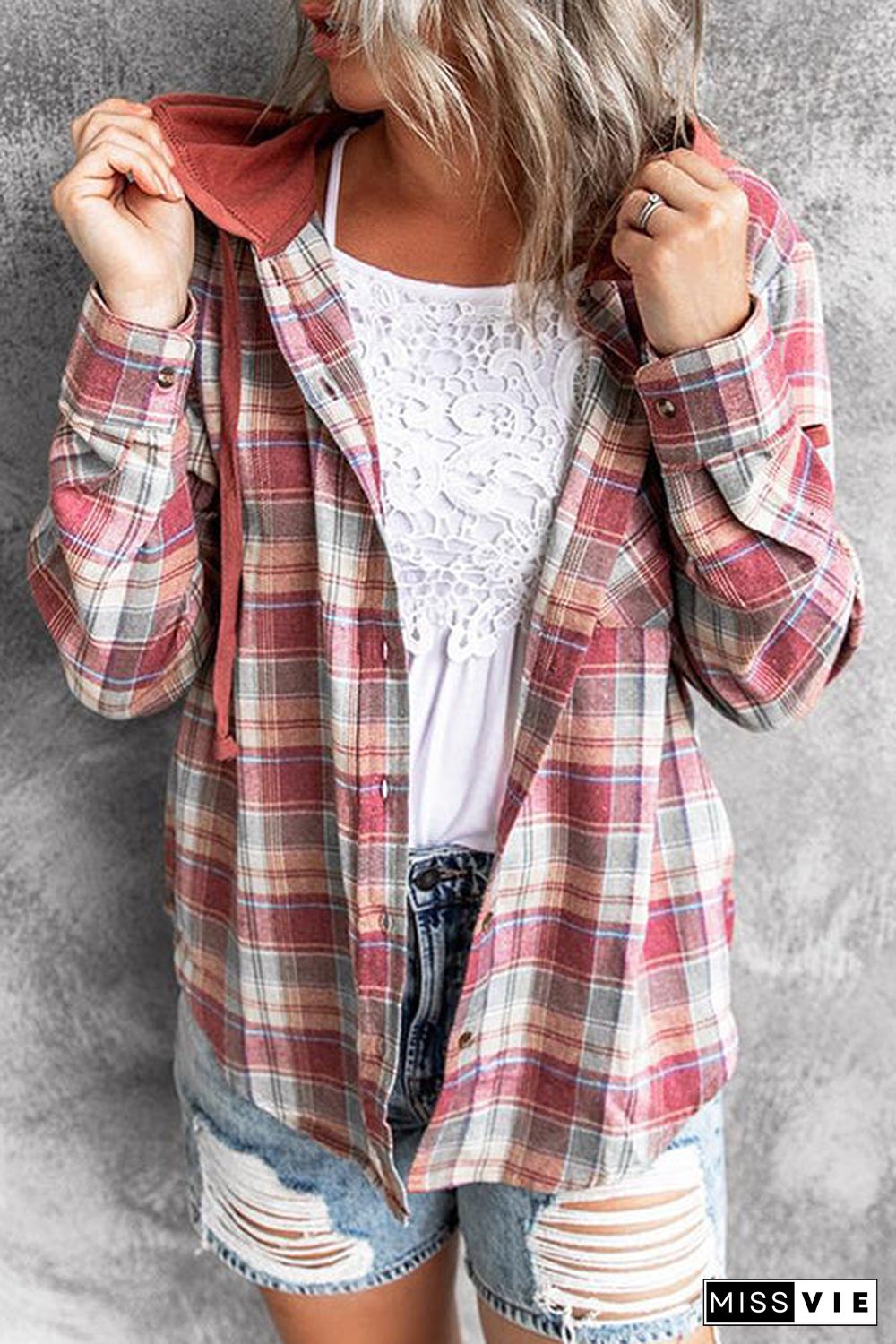 Flannel Plaid Button Down Hoodie Top