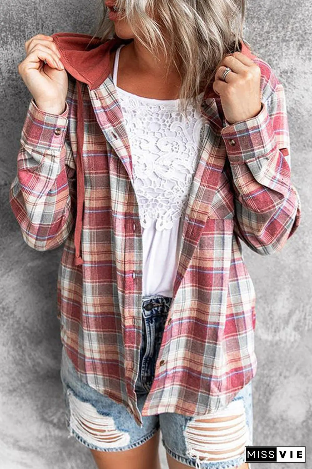 Flannel Plaid Button Down Hoodie Top