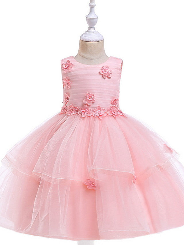 Oknass Ball Gown Sleeveless Jewel Neck Flower Girl Dresses Lace Tulle  With Sash  Ribbon  Appliques
