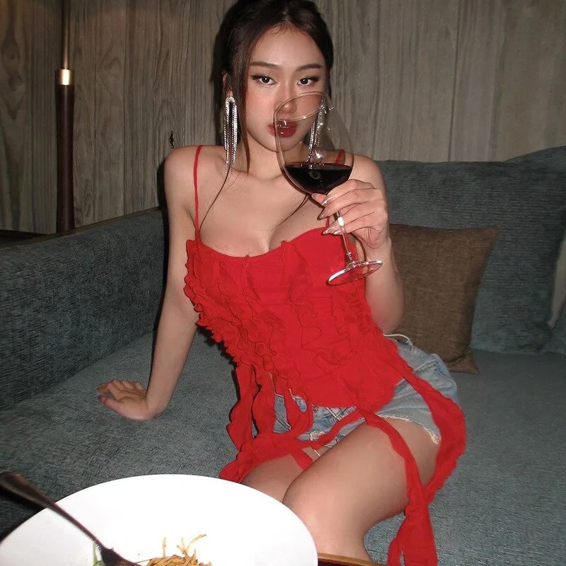 uaang Tassel Women Camisole Crop Top 2023 Spring Summer Solid Spaghetti Straps Fashion Casual Streetwear Female Clubwear