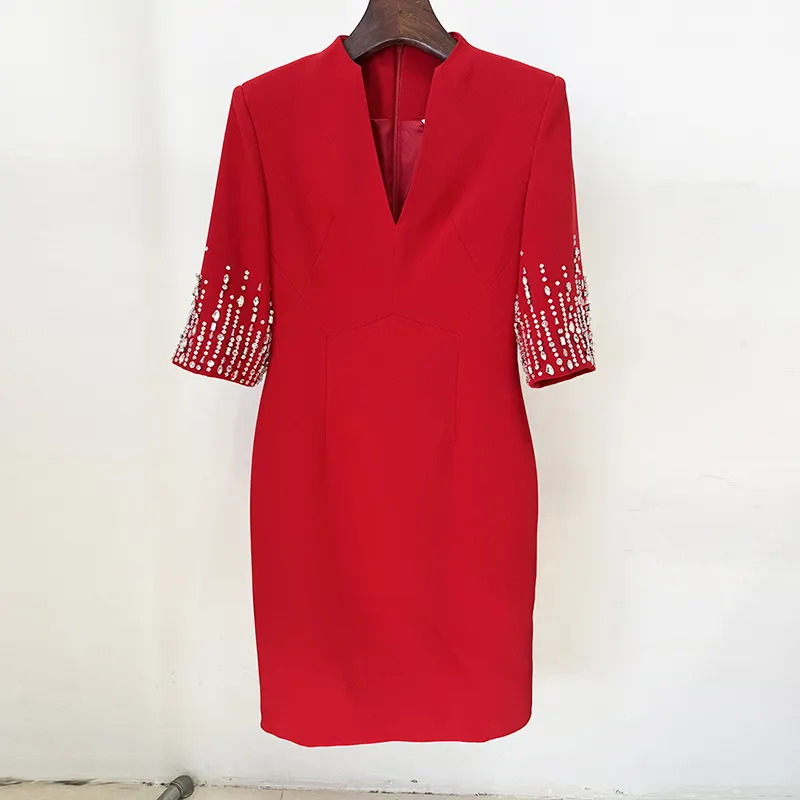 Nigikala Nigikala Fashion Spring And Summer New Heavy Industry Nails And Studded Sleeve V-Neck And Knee Dress Small Dress