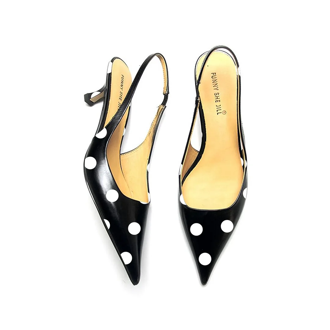 White Polka Dots Pointed Toe Elegant Kitten Heel Slingback Dress Pump Shoes