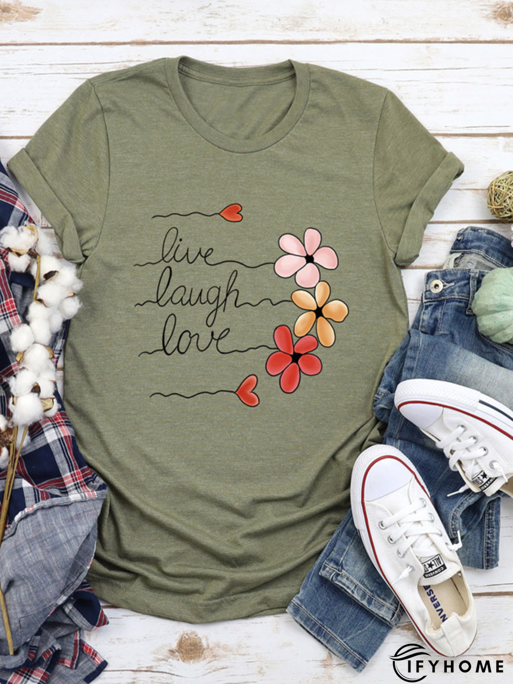 Crew Neck Basics Loose Cotton-Blend T-shirt | IFYHOME