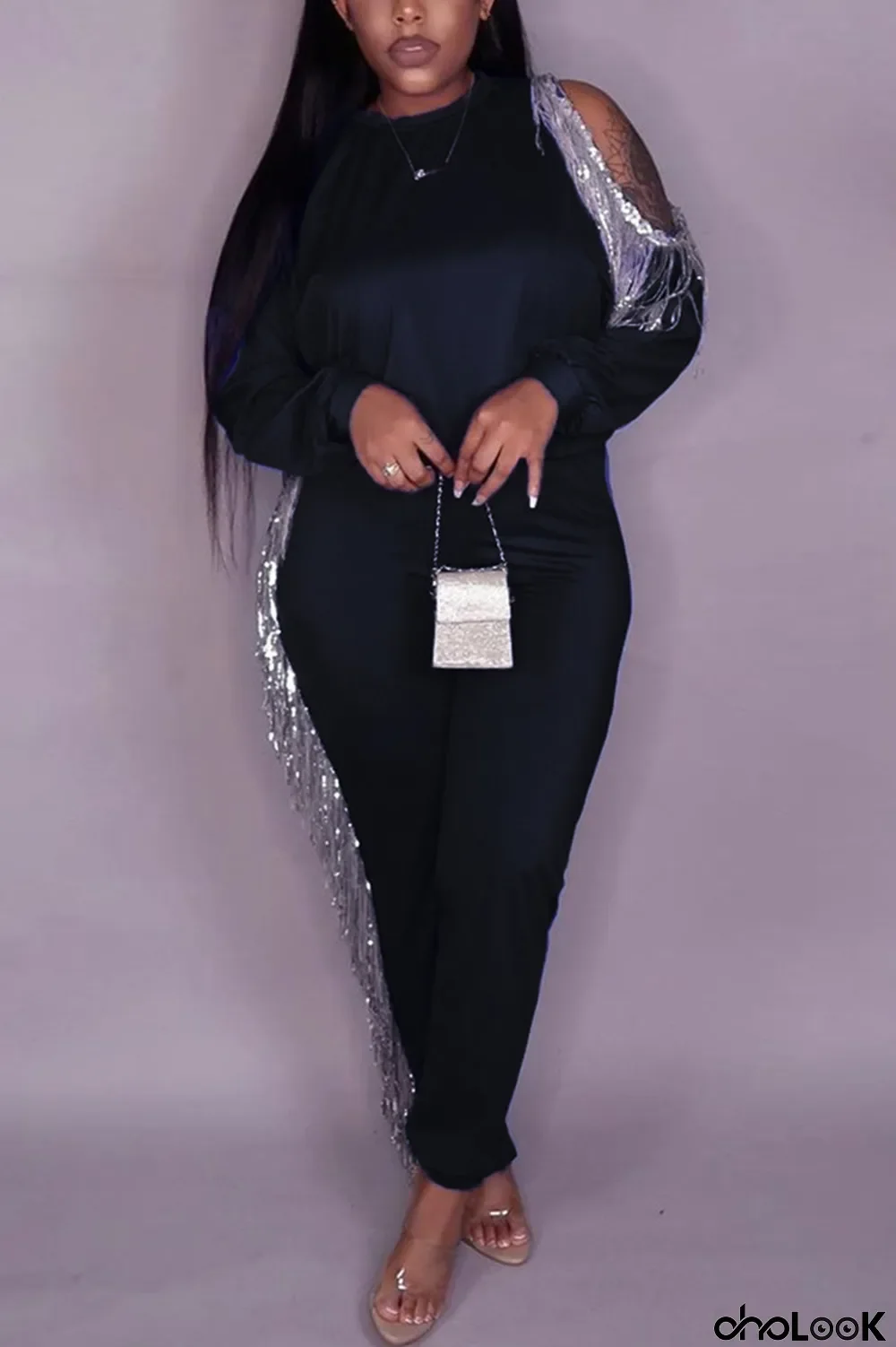 Black Fashion Casual Patchwork Solid Split Joint O Neck Long Sleeve Two Pieces