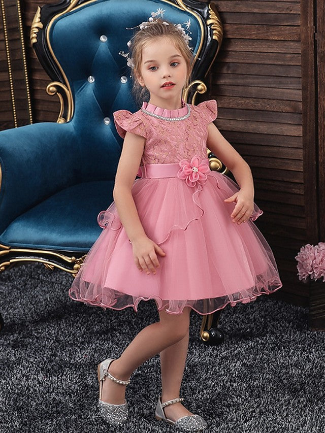 Daisda Ball Gown Cap Sleeve Jewel Neck Flower Girl Dress Tulle With