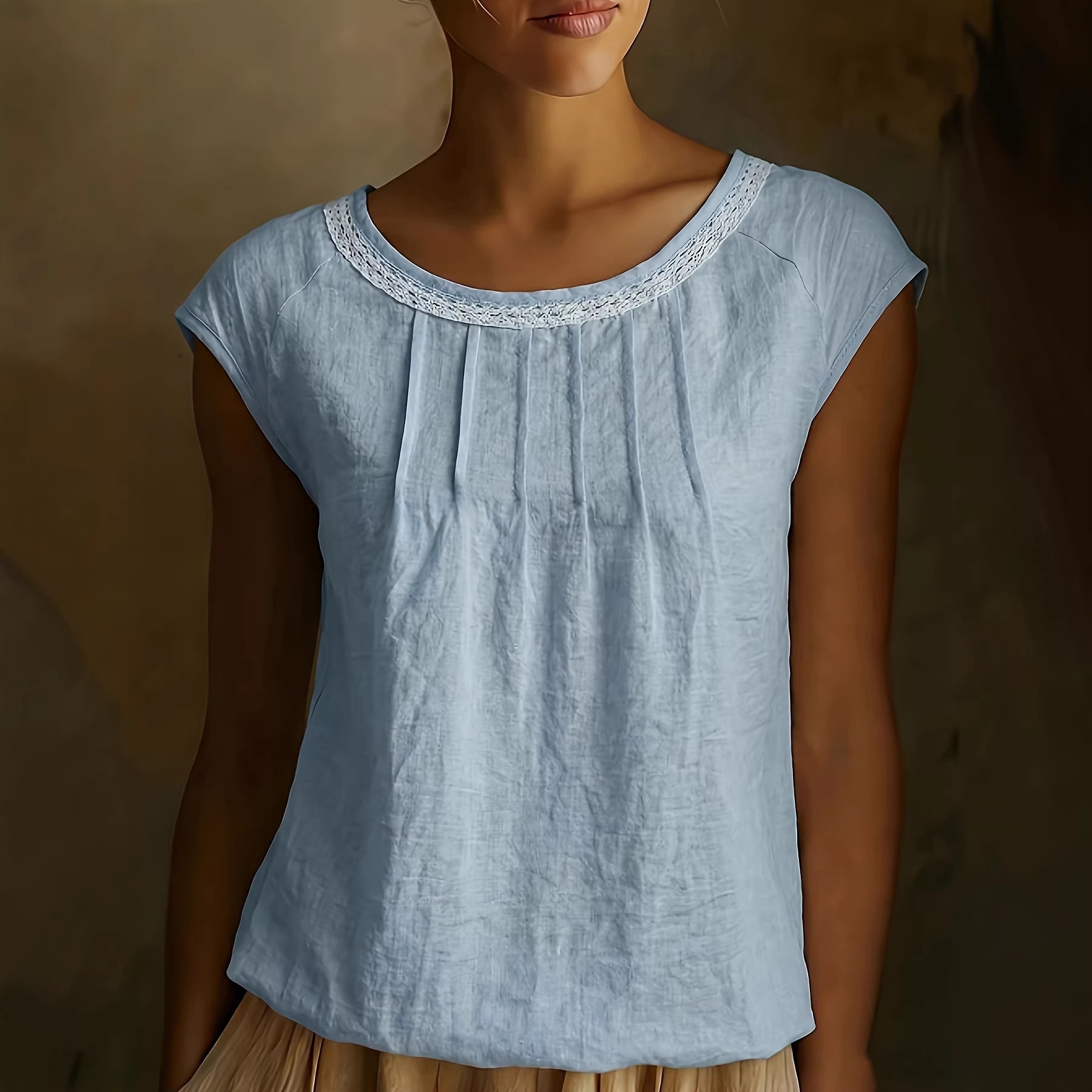 Women's Solid Color Lace Retro Round Neck Cotton Linen Sleeveless Top elevenforest