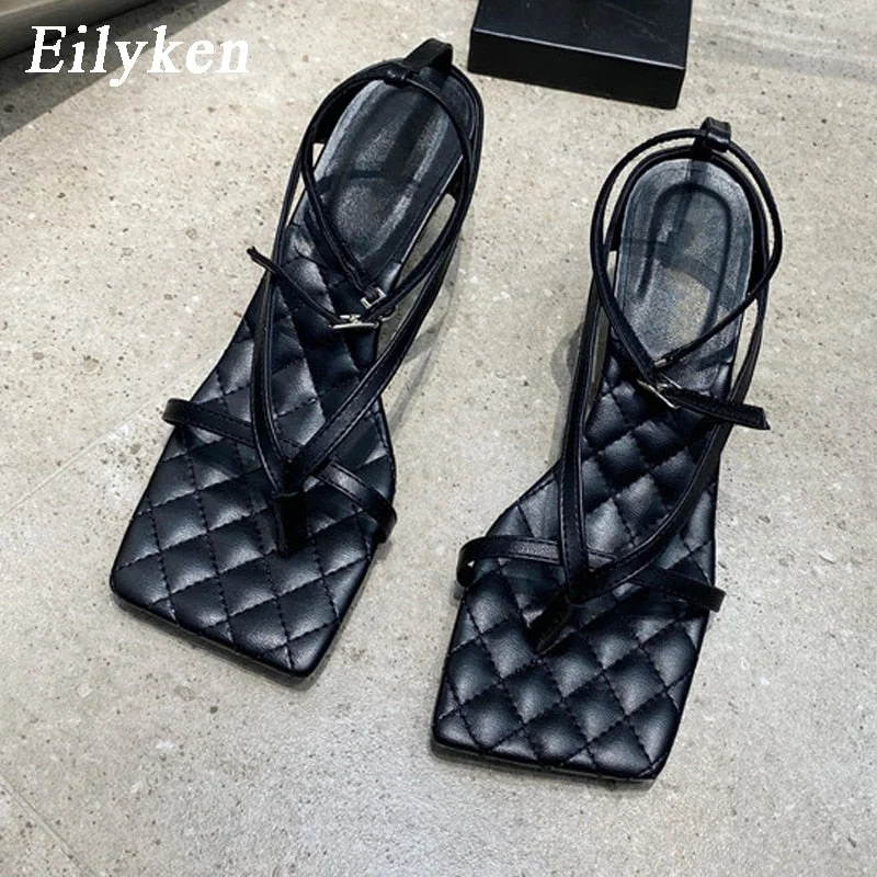 Eilyken Gladiator Sandals High Heels Sandal Shoes Fashion Brand Strap Flip Flops Sexy Thin High Heel Pumps Square Toe Shoes