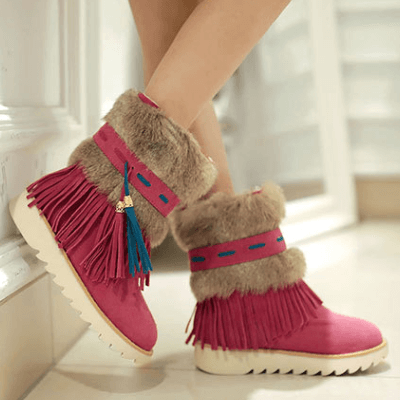 VCSHOES Flat Fringe Suede Round Toe Ankle Boots