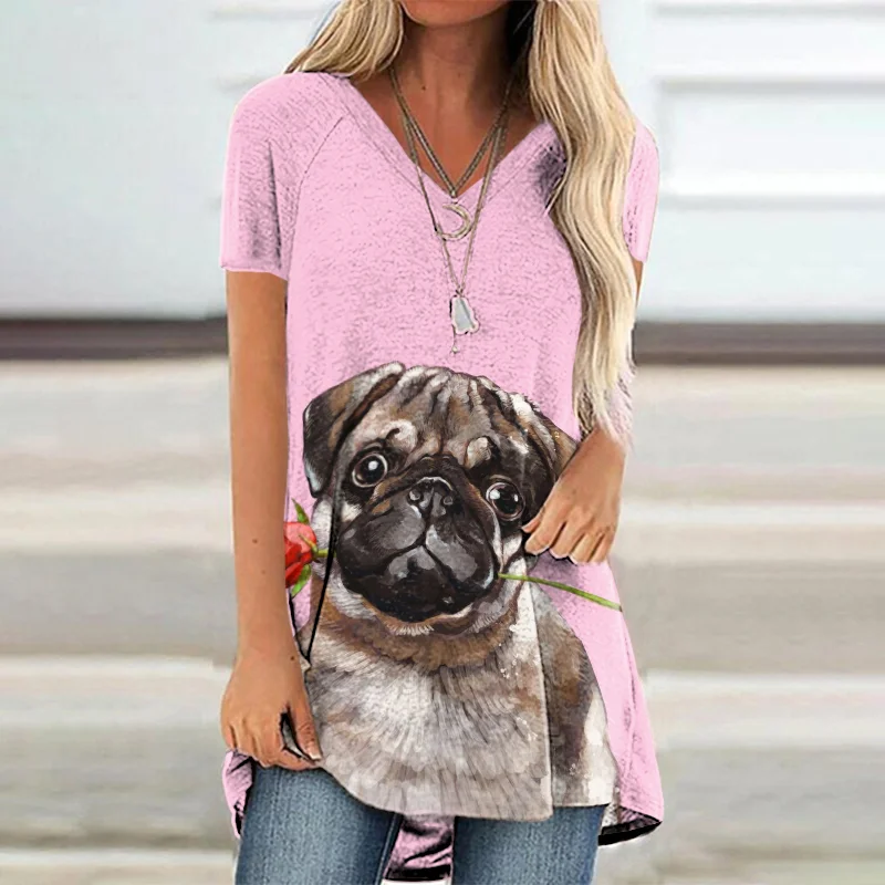 Casual V-Neck Rose Dog Print Short Sleeve Tunic
