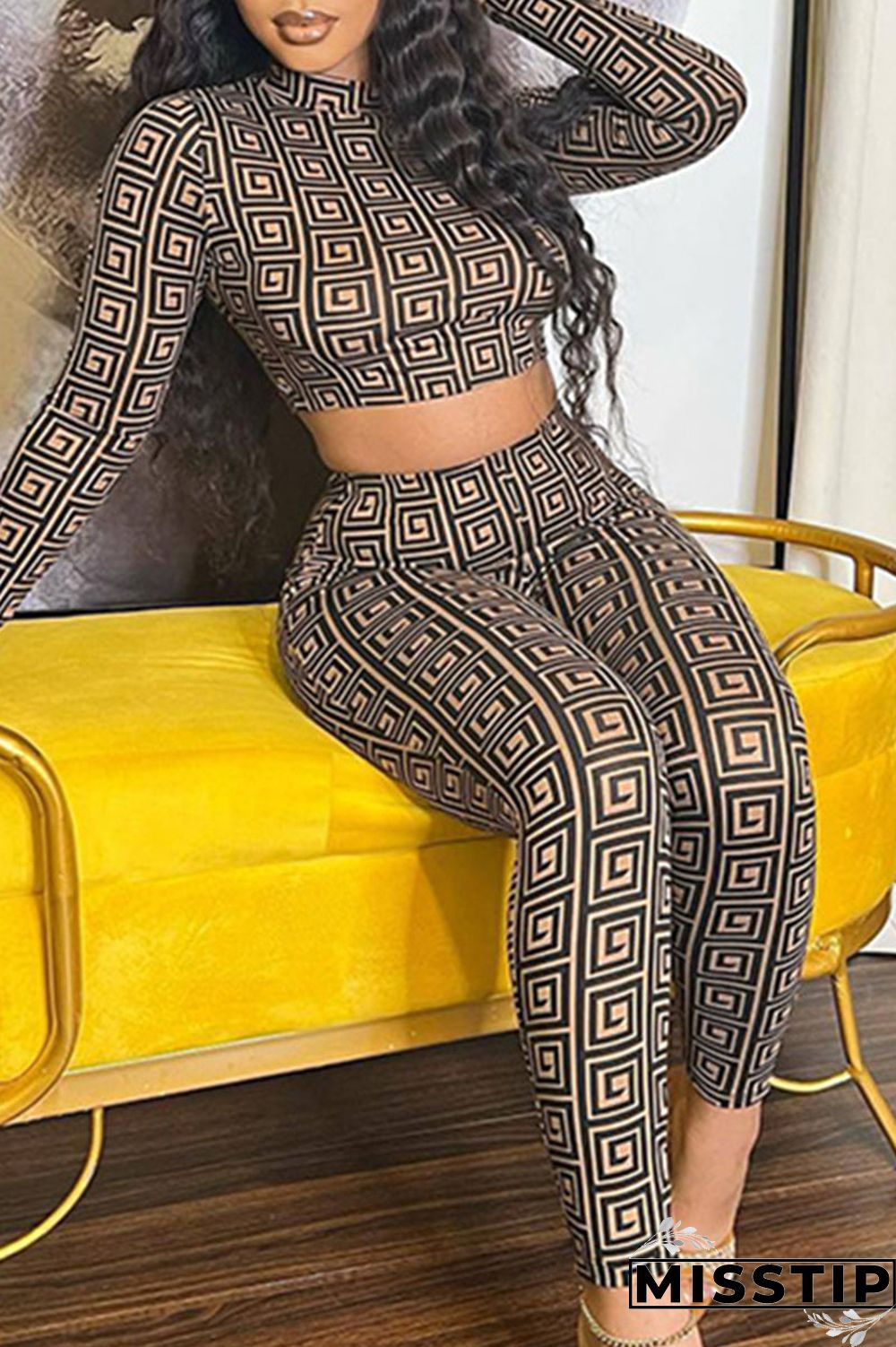 Black Fashion Street Print Patchwork O Neck Long Sleeve Two Pieces