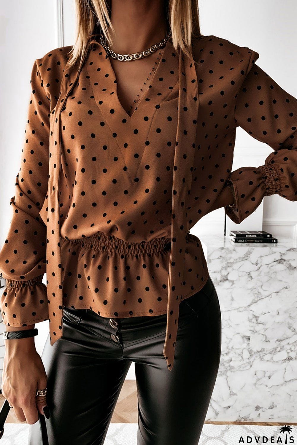 Elegant Khaki V Neck Tie Polka Dot Ruffled Blouse