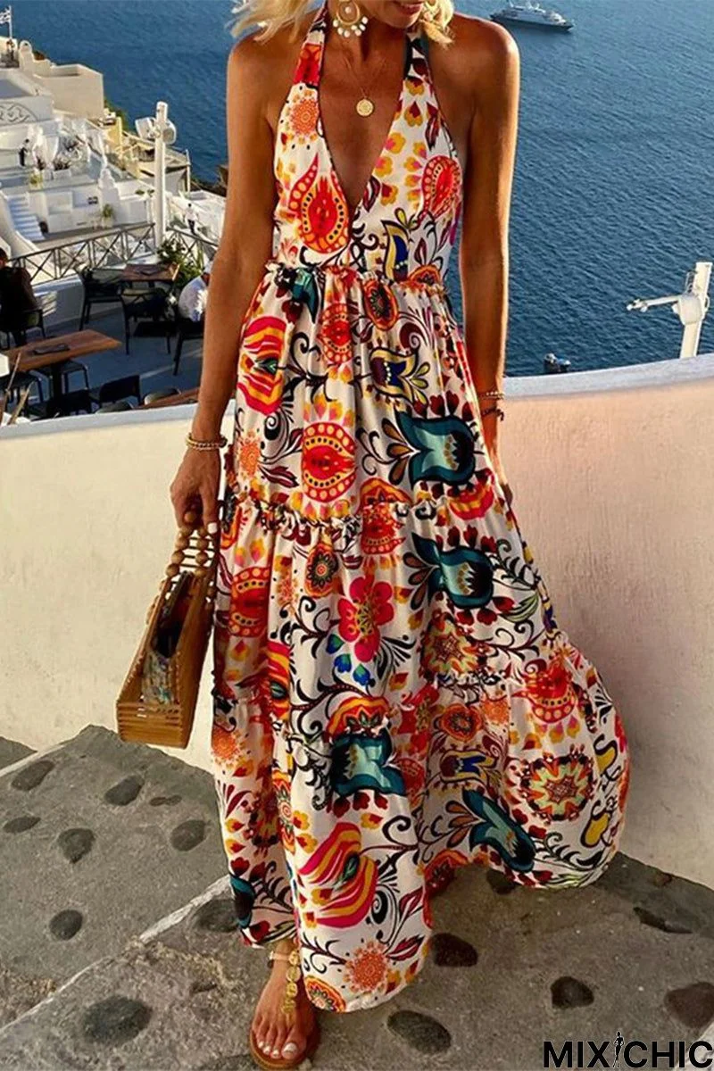 Sexy Vacation Print Backless Printing Halter Beach Dresses