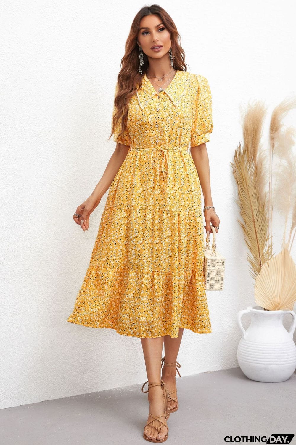 Floral Tie Waist Collared Neck Tiered Dress