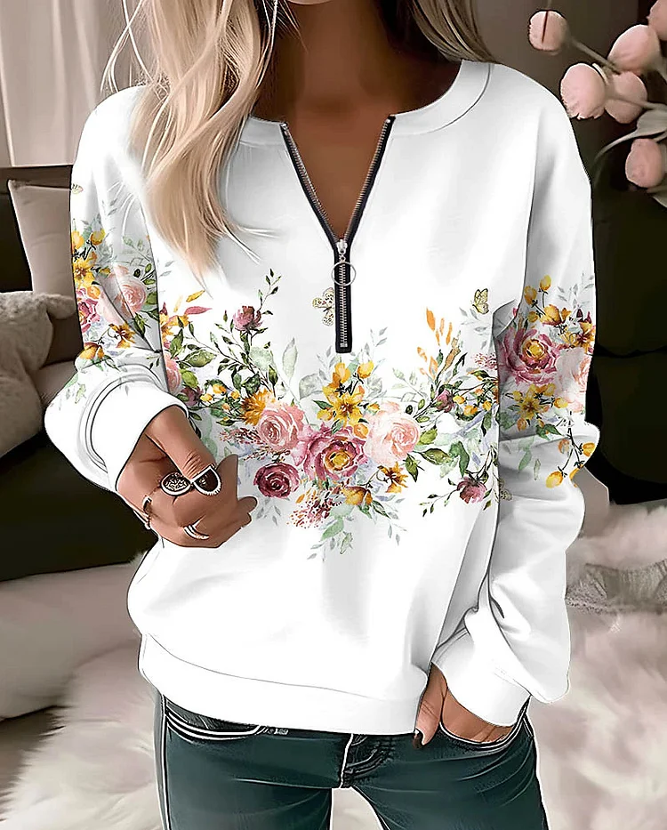 Plus Size V-neck printed long sleeve pullover loose sweater VangoghDress