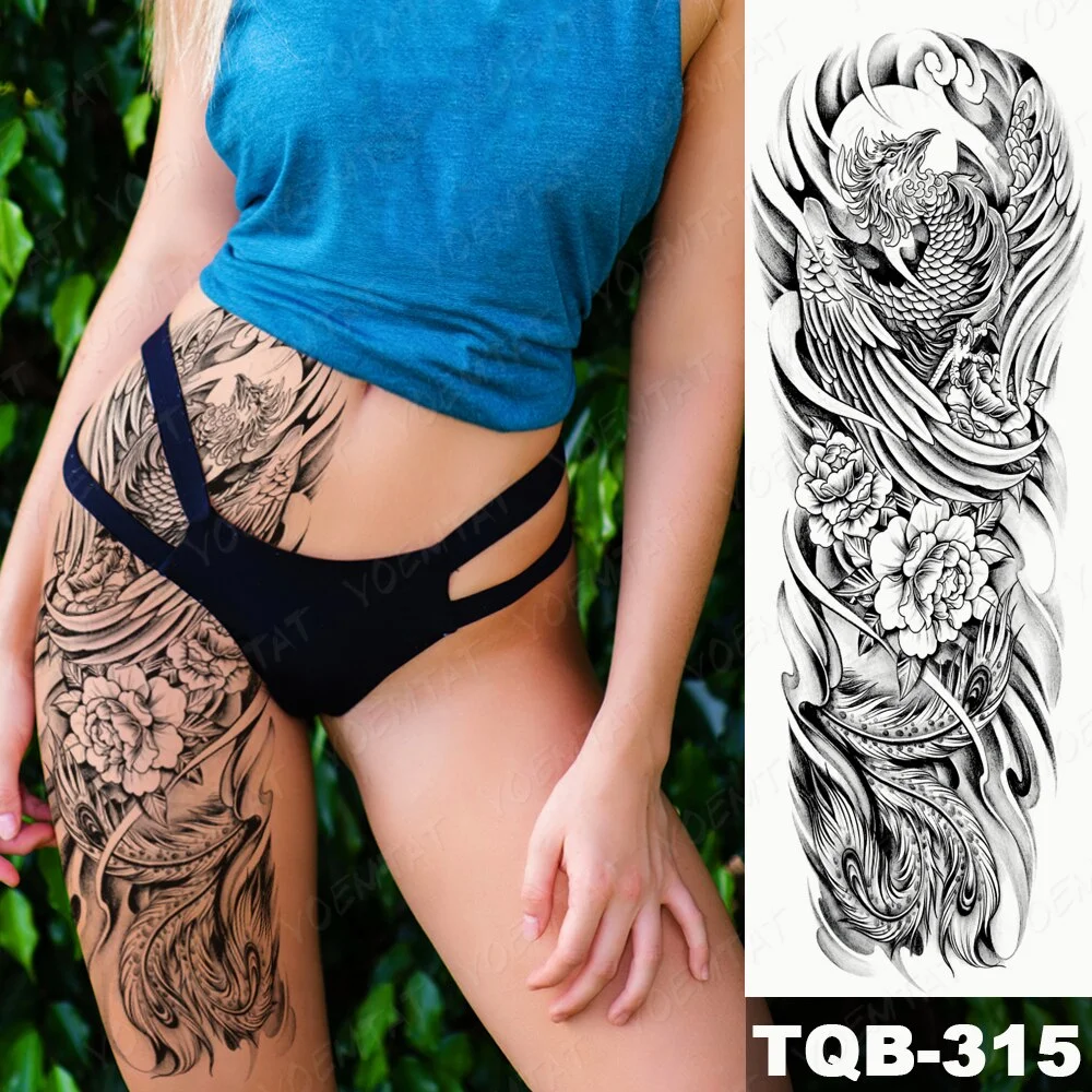 Sdrawing Arm Waterproof Traditional Temporary Tattoo Stickers Women Men Black Line Flowers Koi Crane Thigh Body Art Fake Tattoos
