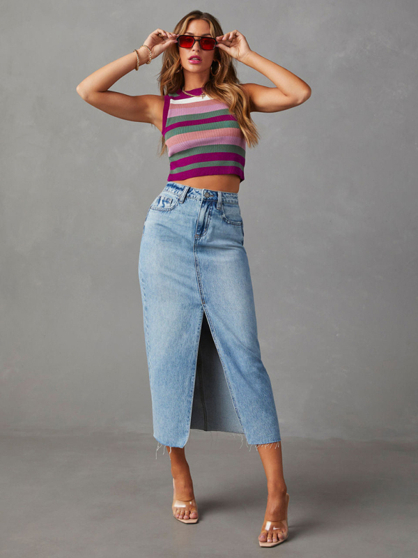 Mature Women New Front Slit High Waist A Line Mid Length Denim Skirt