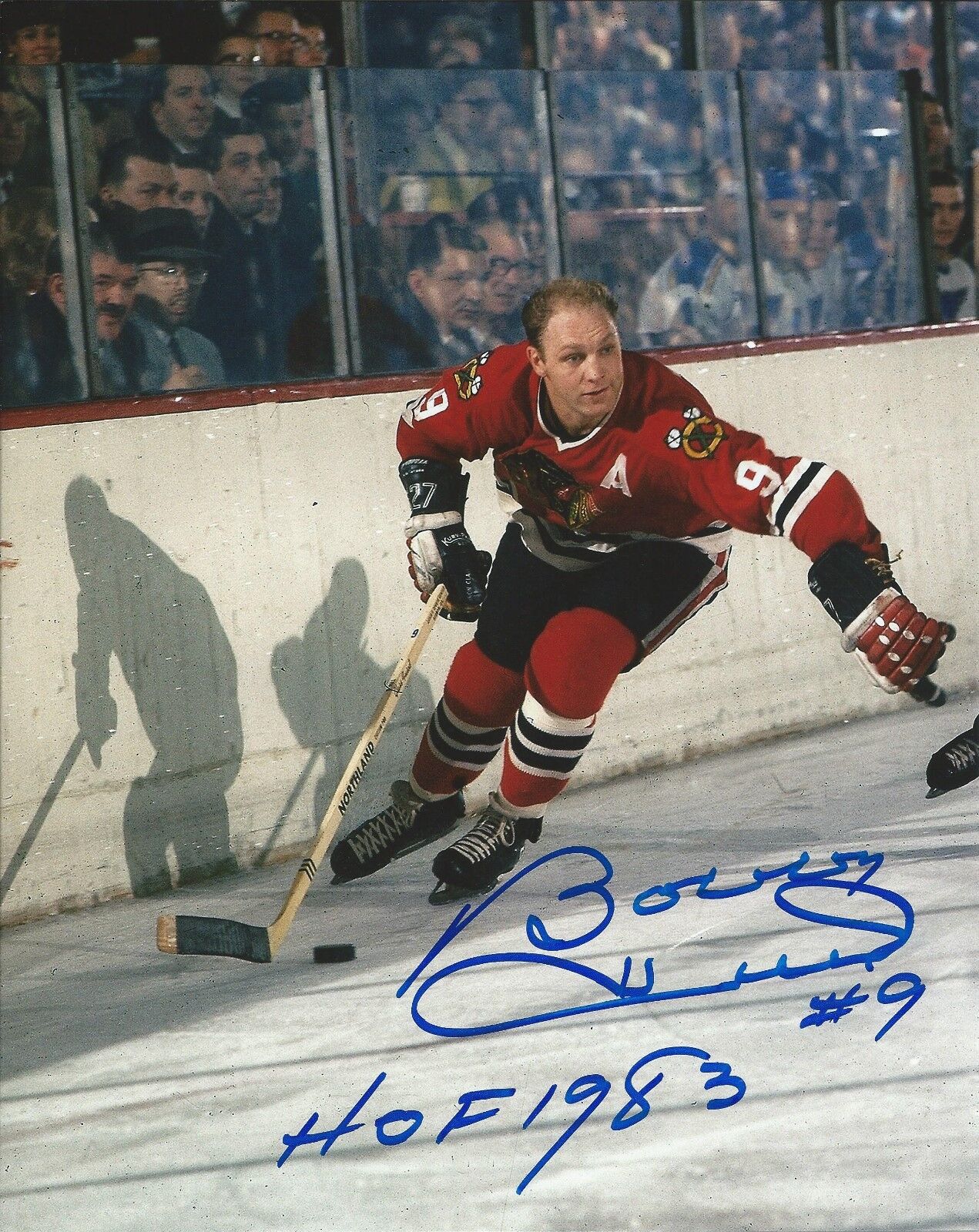 BOBBY HULL signed CHICAGO BLACKHAWKS 8x10 Photo Poster painting *HOF,THE GOLDEN JET* PROOF