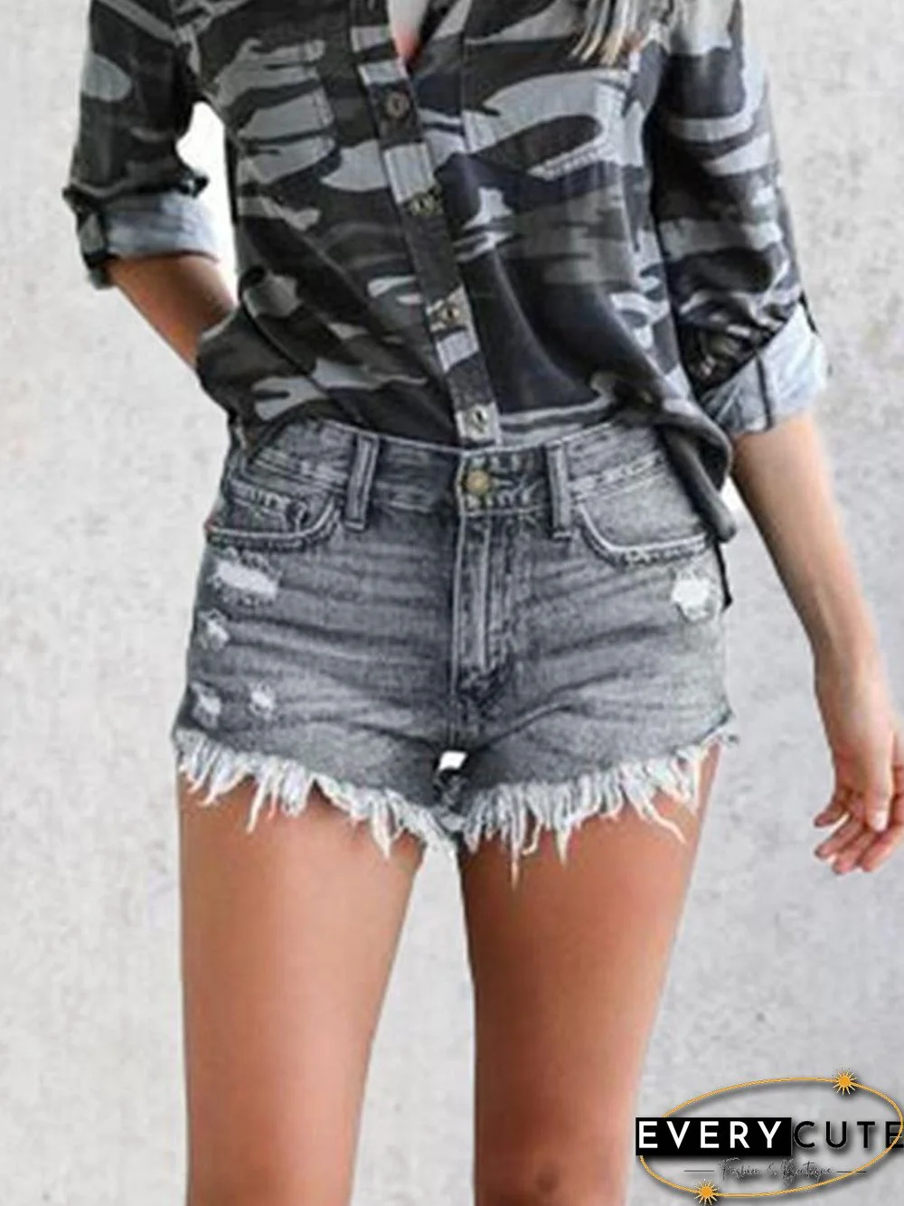 Ripped Fringed Stretch Denim Shorts P14394