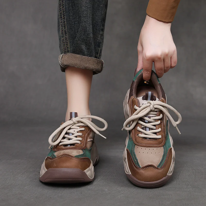 Yyvonne Layer Cow Skin 2025 Autumn New High Soft-Soled Soft-Sided Casual Sports Women's Shoes Old Dad Shoes Round Head