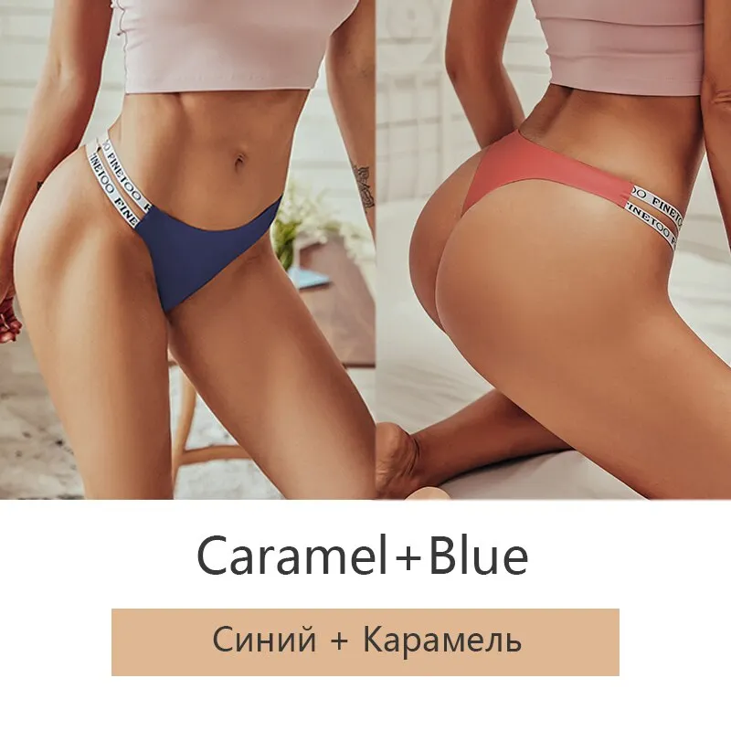 FINETOO 2Pcs/set Seamless Thongs Women Brazilian Underwear M-XL Female Panties Fashion Hollow Low Waist Letter Bikini Panty 2021