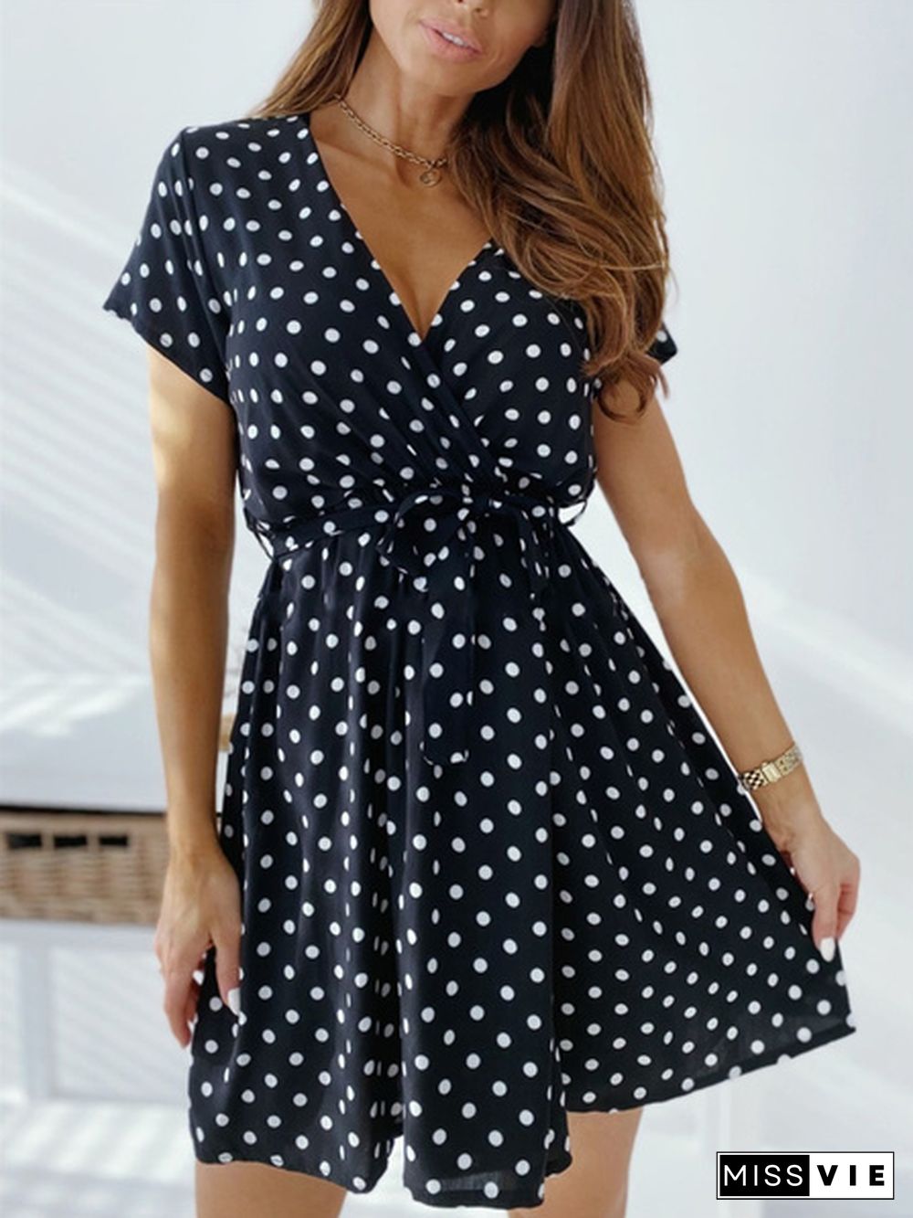 Summer V Neck Polka Dot Boho Dress Bohemian Women Beach Dress Fashion Short Sleeve Casual Mini Dress
