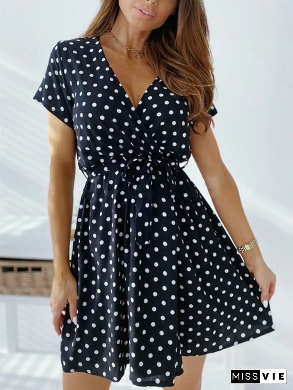 Summer V Neck Polka Dot Boho Dress Bohemian Women Beach Dress Fashion Short Sleeve Casual Mini Dress