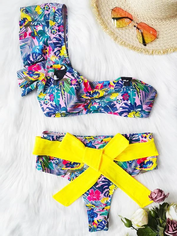 One-Shoulder Floral-Print Belted Split Bikini Swimsuit